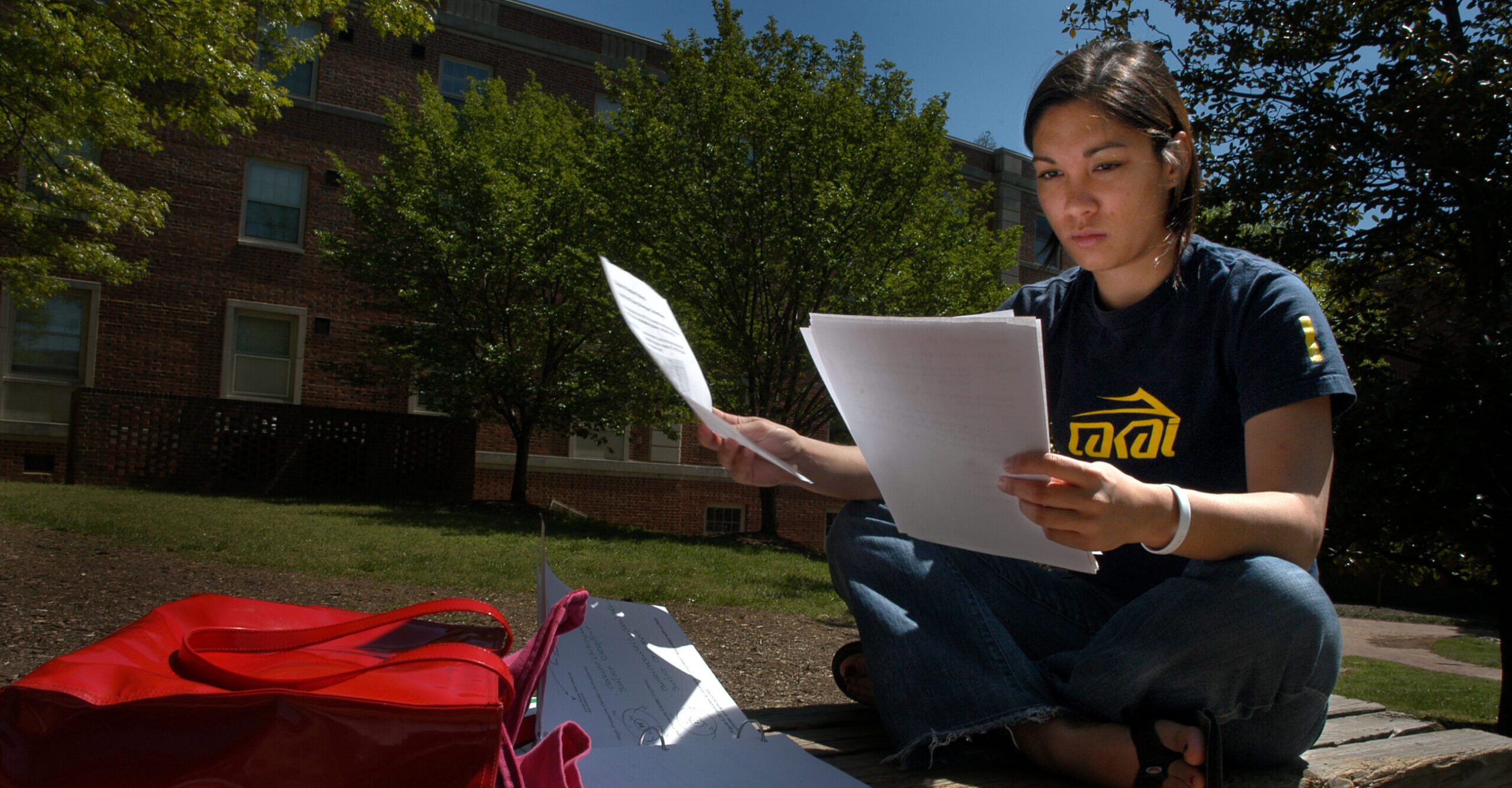 Student studies on a bench outside.